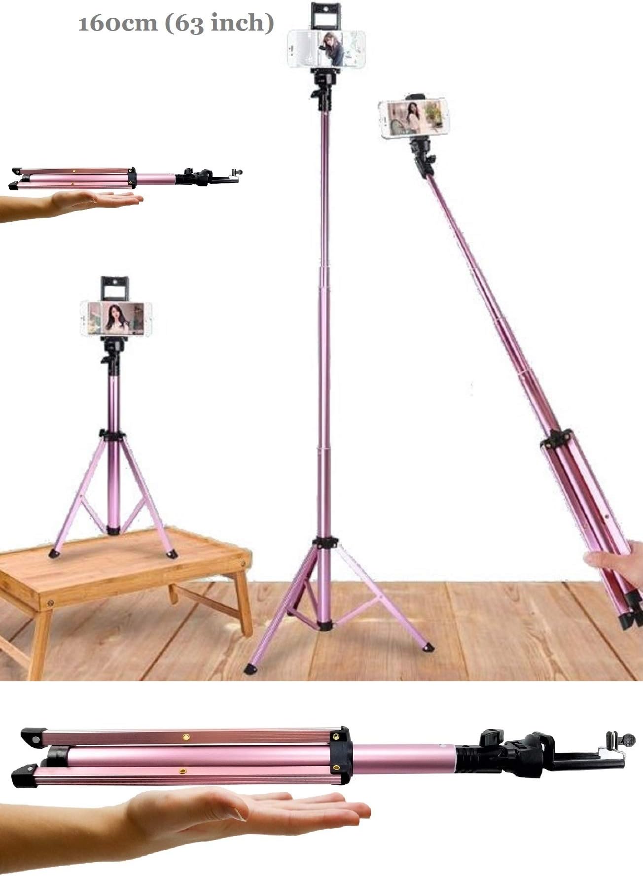 63" Selfie Stick Tripod Stand Extendable & Cell Phone Camera Holder for Live Stream YouTube Video Photography Compatible with iPhone Huawei Samsung Xiaomi Android (Metallic Rose Pink)