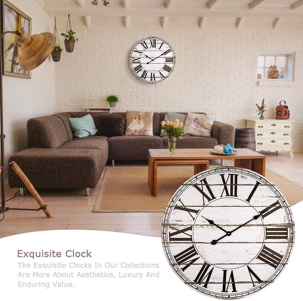 BEW Large Wall Clock, 24-Inch Distressed Shiplap Roman Decorative Wall Clocks, Silent Farmhouse Wooden Wall Clock for Living Room, Dining Room, Den, Shelf: Kitchen & Dining