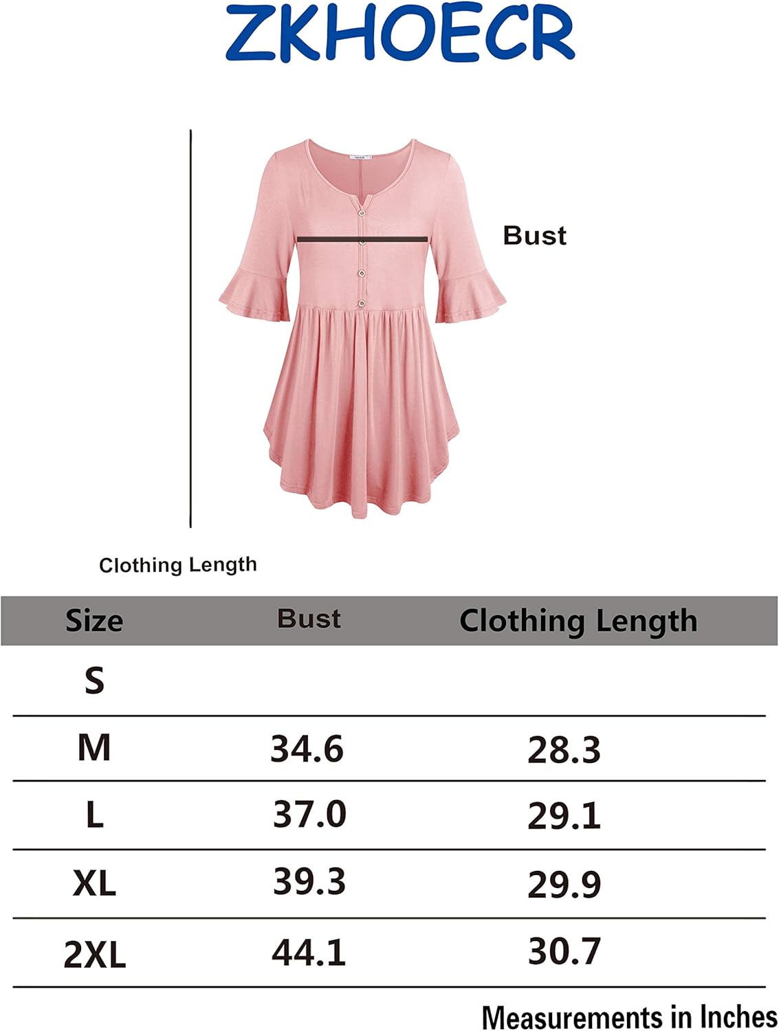 ZKHOECR Women's V Neck 3/4 Bell Sleeve Henley Pleated Casual Tunic Blouse Shirts: Clothing