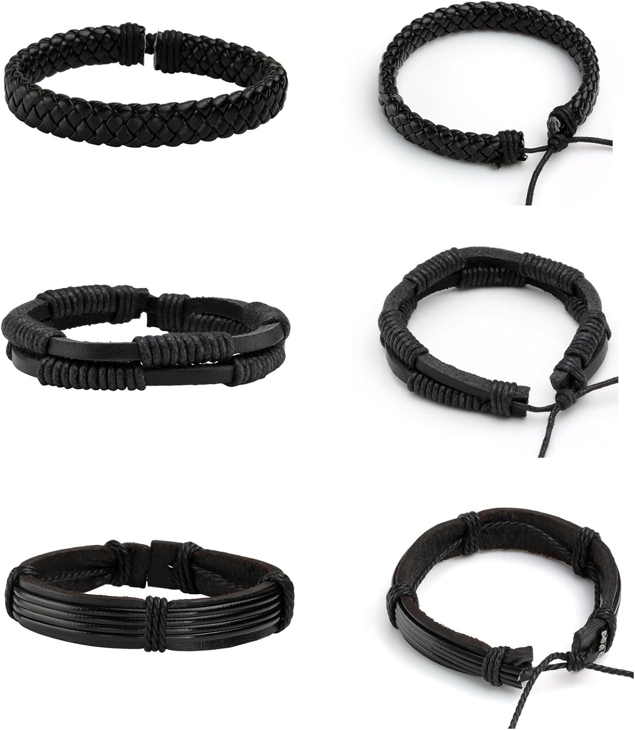 MILAKOO 6 Pcs Black Braided Leather Bracelets for Men Women Cuff Wrap Wristbands, 19 centimeters - Image 4