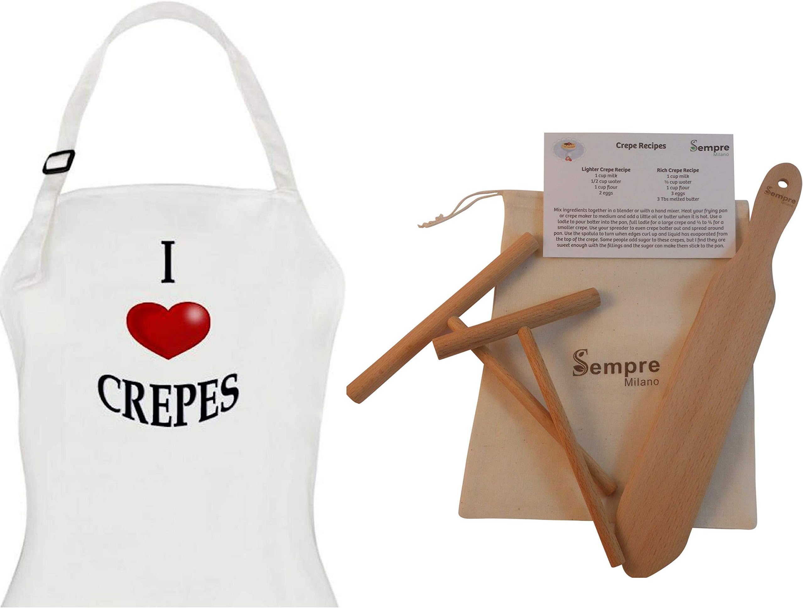 The ORIGINAL Crepe Spreader Spatula and Apron Set, (5" and 7" Spreaders) Convenient Sizes to Fit Any Griddle or Pan, Includes Recipe Card and Storage Bag By Sempre