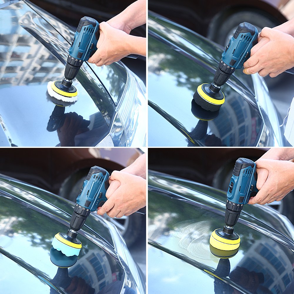 Electop Car Polishing Pad Kit 22 Pcs, 3 Inch Foam Drill Buffing Sponge Woolen Pads for Car Sanding, Buffing, Polishing, Waxing, Sealing Glaze(18 Pads+2 Drill Adapters+2 Suction Cups)