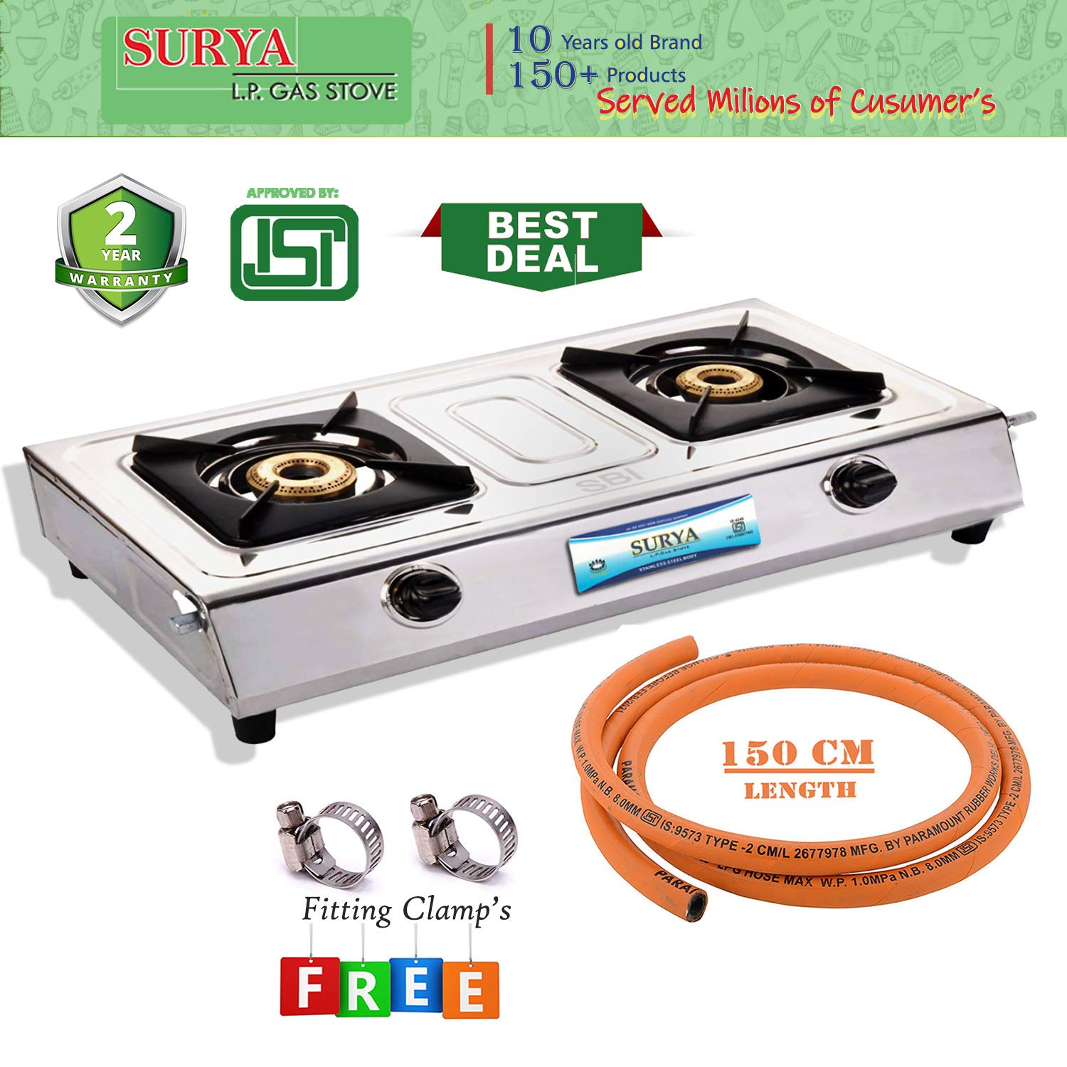 Buy Surya L P Gas Stainless Steel 2 Burner Gas Stove with 1.5 m