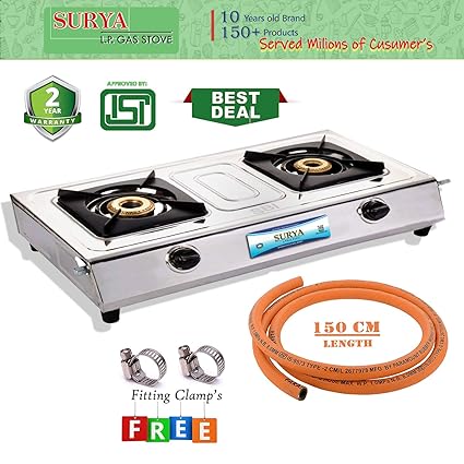Buy Surya L P Gas Stainless Steel 2 Burner Gas Stove With 1 5 M