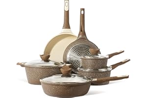 CAROTE Nonstick Pots and Pans Set,Cookware Sets 10 Pcs Nonstick, Healthy Non Stick Induction Stone Cookware Kitchen Granite Cooking Set w/Frying Pans & Saucepan, PFOS, PFOA Free (Brown Granite)
