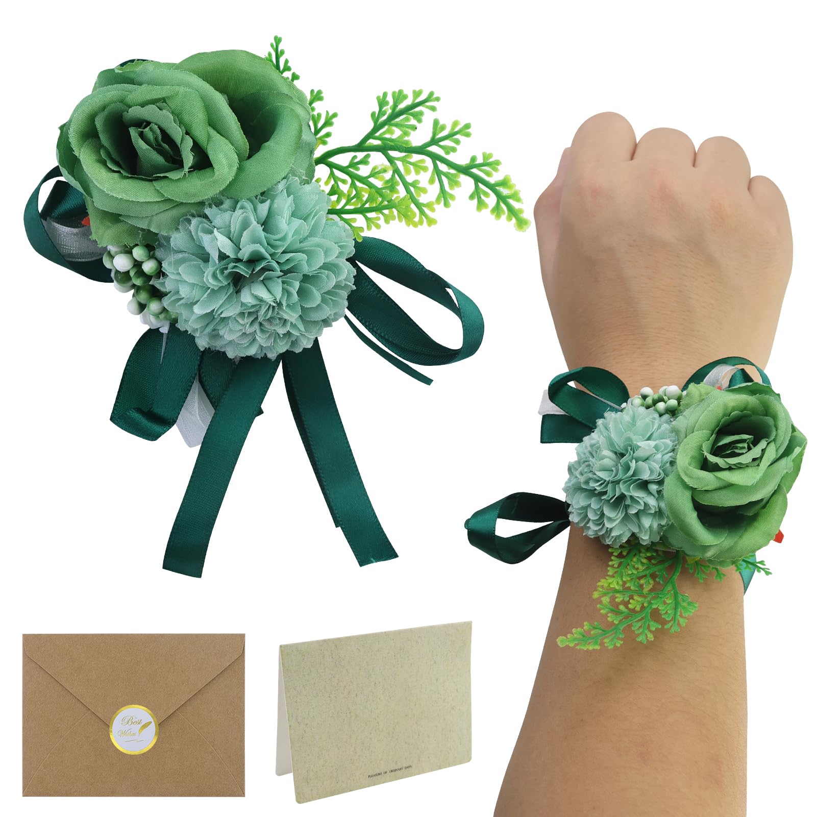 2pc Rose Flower Wrist Corsage Boutonniere Set,Corsage for Prom,Wrist Corsage,Silk Flower for Bride Hand Flower Men Boutonniere,Cake Flower Cake toppers Wedding Party Album Decor(Blackish Green)