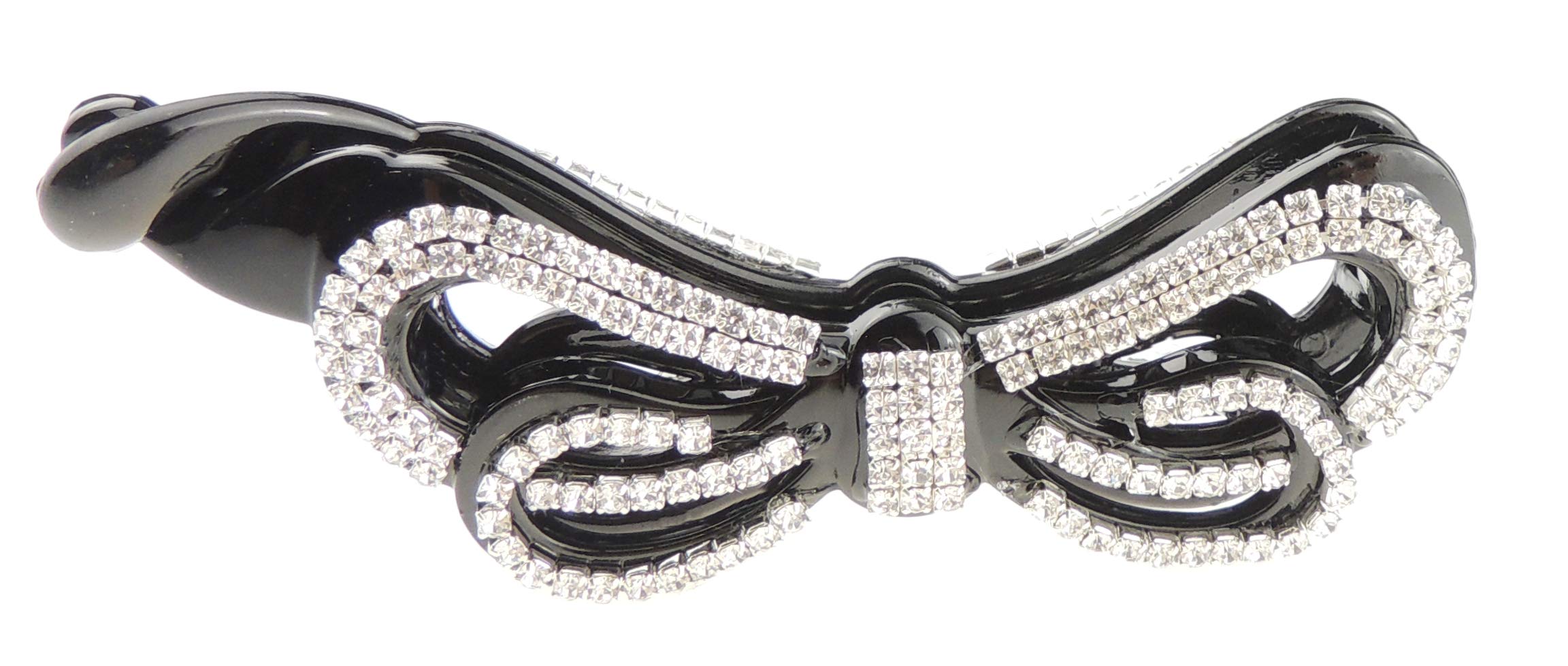 Sparkly Womens Girls Crystal Rhinestone Diamante Bridal Wedding Guest Christmas Party Bridesmaid Birthday Hair Accessories Banana Styling Ponytail Hair Barrette Grip Claw Clamp Long Swirly Bow (Black)