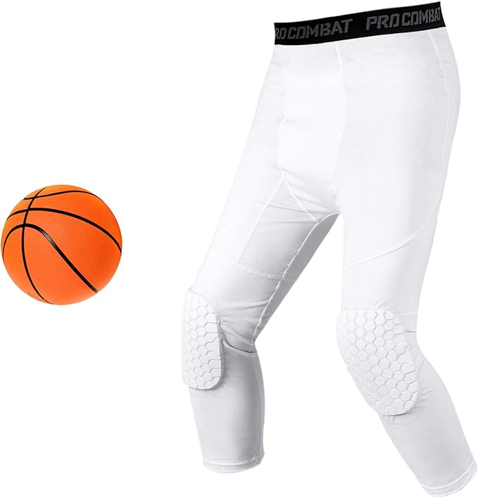 Basketball Compression Pants With Knee Pads, White 3/4