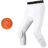 Basketball Compression Pants with Pads, White 3/4 Capri Pants Padded, Basketball Tights Leggings