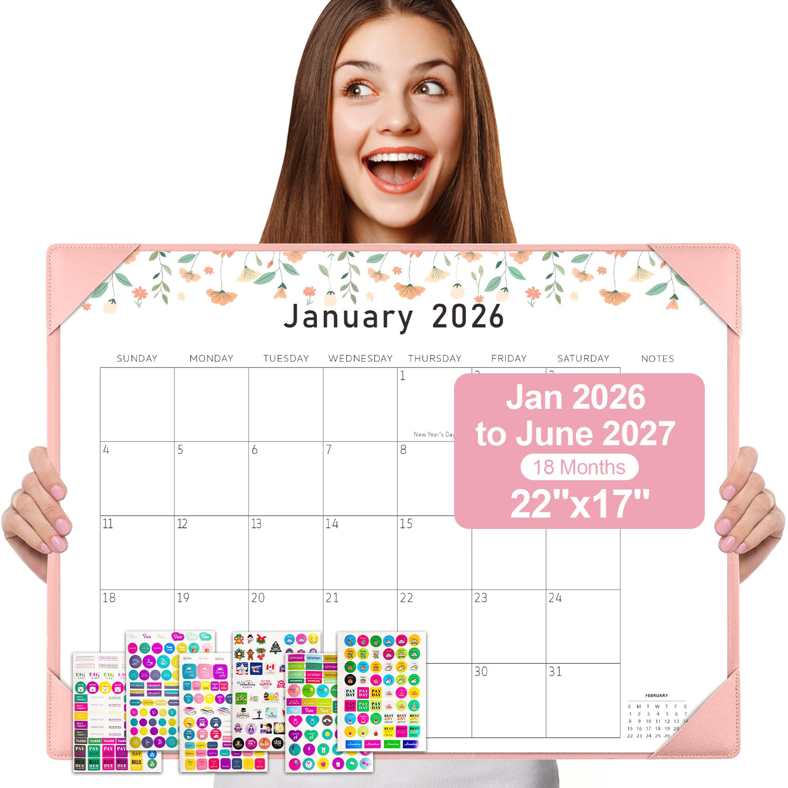 Photo 1 of Gannyfer Desk Calendar 2026 with Desktop Mat, Simplified Large 22" x 17" Desktop Pad Calendar, 18 Month Desk Calendar, Use Jan 2026 to June 2027, Office Supplies Perfect for Home School and Office - Pink(6 Stickers Included)