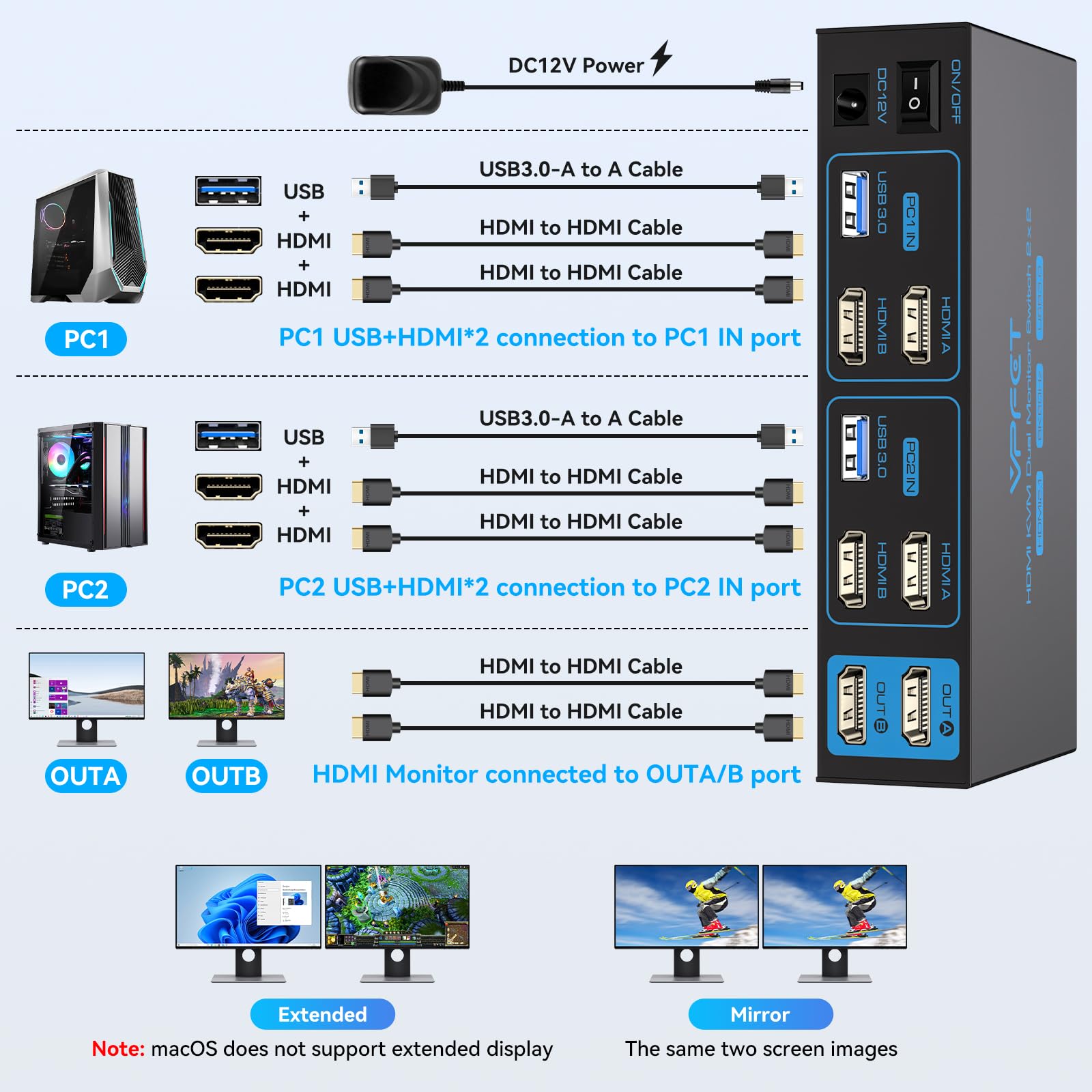 VPFET HDMI KVM Switch 2 PC 2 Monitore 8K60Hz USB 3.0 KVM-Switches für Zwei Computer teilen sich Dual Monitor und Vier Peripheriegeräte Support Erweiterungsmodus & Kopiermodus mit Desktop-Controller 3