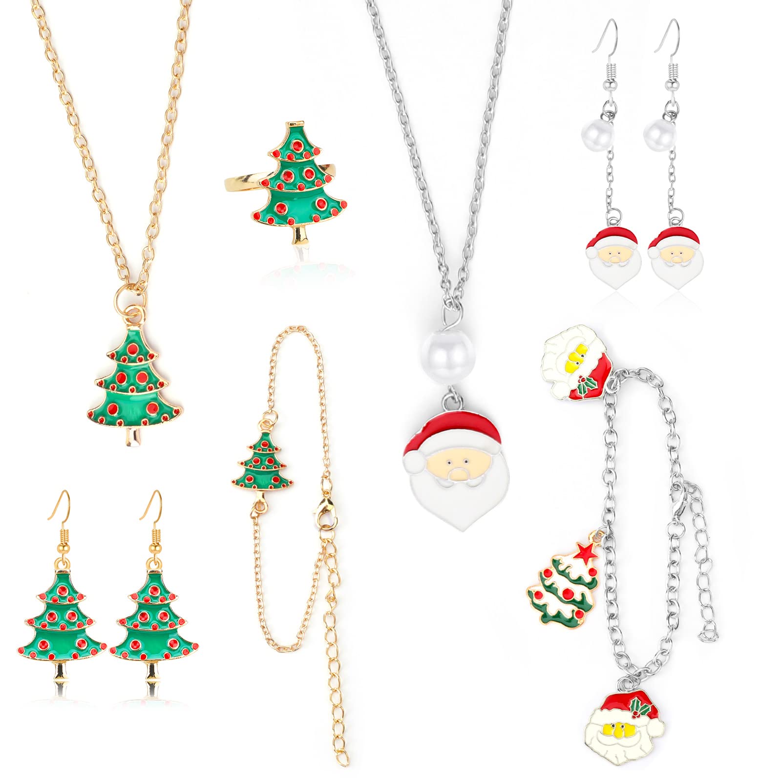 DPKOW 9pcs Kids Christmas Jewellery Set, Christmas Necklace Chains Christmas Rings Bangles Bracelets Christmas Earrings Pendant for Girls Christmas Bags Fillers Gift, Christmas Tree Santa Claus