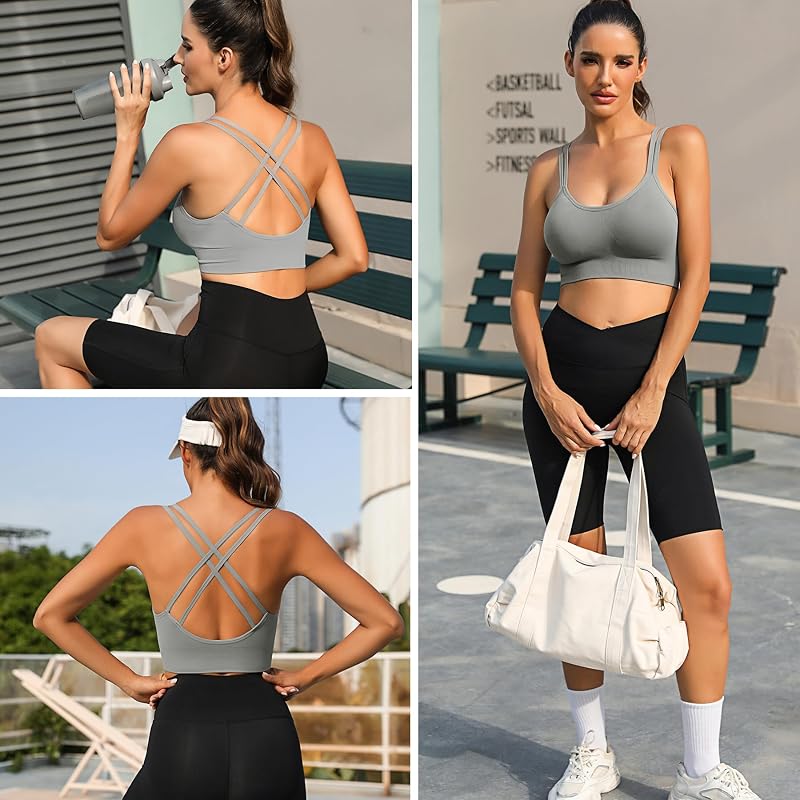 Soutien desportivo de Impacto Médio Almofadado para Mulher - Parte de Cima Curta com Costas Cruzadas e Tiras para Fitness, Ginásio (Preto+Branco+Cinzento, S)