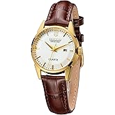 ROCOSJEWE R0101L Women's Classic Watch,Brown Leather Watches for Women, Ladies' Analog Watch,White Dial Easy Read,Luxury Derss Watches,Water-Resistant,Gift for Her