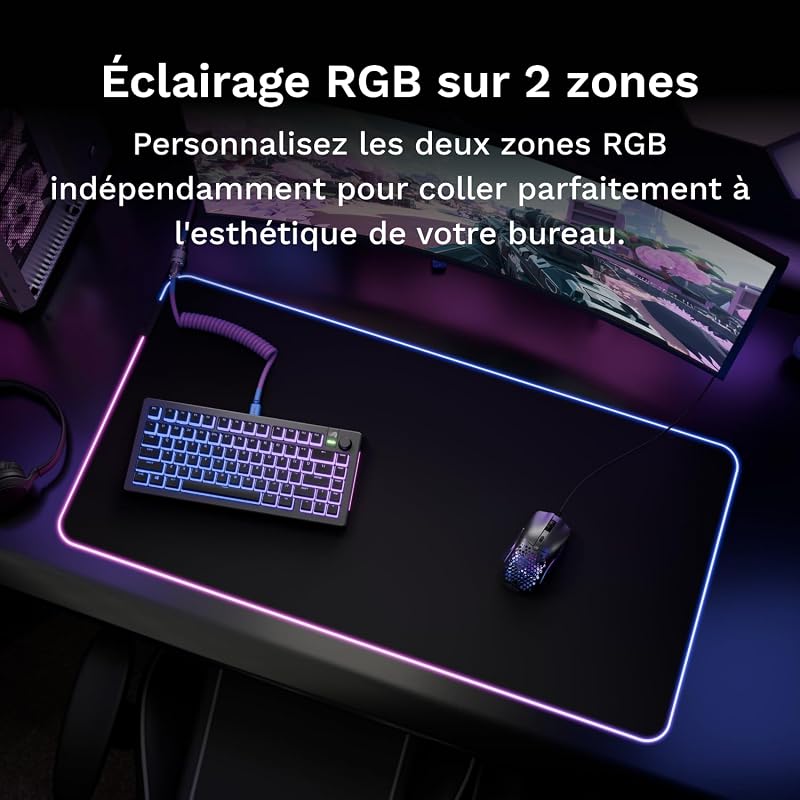 Gaming Musmatta GMP 2 GLED Large Extended – 2-Zones RGB-belysning, InfiniGlow sömlös Kant, Premium tygyta, Halkfri gummibas – 915 mm×280 mm×3 mm – Extra stor skrivbordsmatta