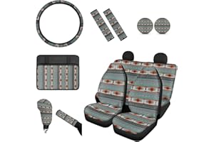 Wanyint Vintage Native American Car Seat Cover Full Set Navajo Green Soft Steering Wheel Cover Western Indian Ethnic Car Coasters Handbrake & Gear Shift Knob Cover Seat Belt Shoulder Pad Armrest Pad