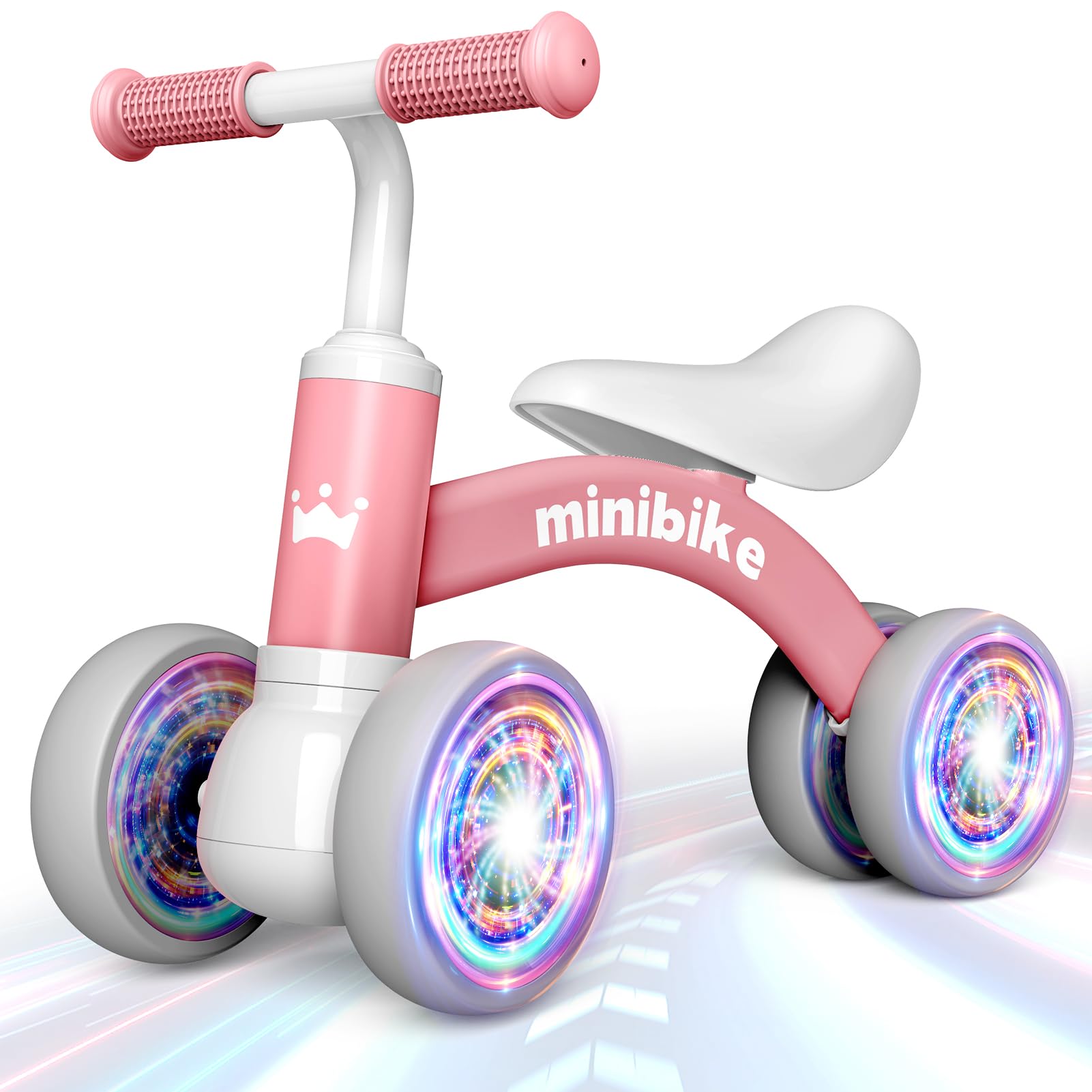 HappyGoLucky Baby Balance Bike 1 2 Year Old, 4 Wheels Lighting Ride On Toys for 1 2 Year Old Girls Gifts, Toddler Toys 1 2 Year Old Girl Toys Age 1-2, Girls Christmas Xmas Gifts for Kids Tricycles