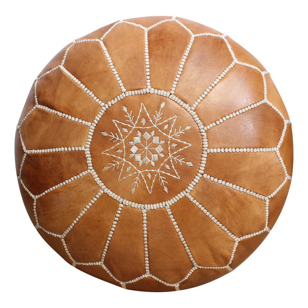 ESSENCE OF MOROCCO Moroccan Pouffe Pouf Footrest Footstool Ottoman Real Leather Natural Tan Handmade Hand-stitched with Embroidered Pattern Marrakech Design RAK1 (COVER ONLY)