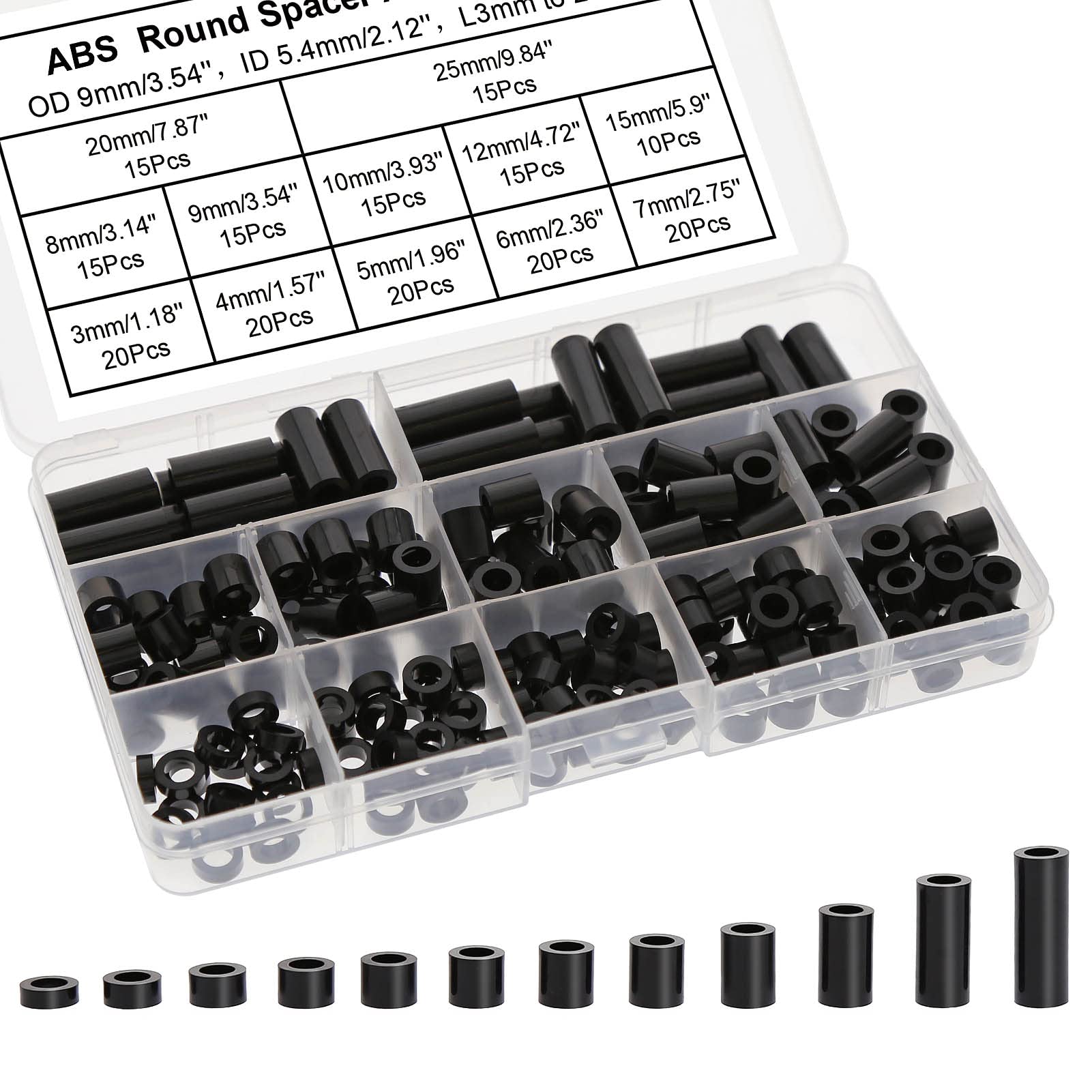 Evemodel 200pcs ABS Round Spacer Standoffs Washers ID 5.4mm OD 9mm Length 3mm to 25mm for M5 Screws Washers for Screws with Storage Box DIY Accessories……
