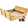 Best Choice Products Kids' Outdoor Wooden Sandbox Large, Cedar Wood with Foldable Bench Seats and Sand Protection, Bottom Liner Included - Natural