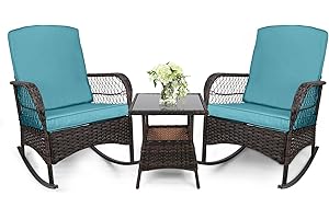 LEVELEVE 3 pcs Rocking Bistro Set Conversation Chairs PE Wicker Outdoor Rocking Chairs (Lake Blue)