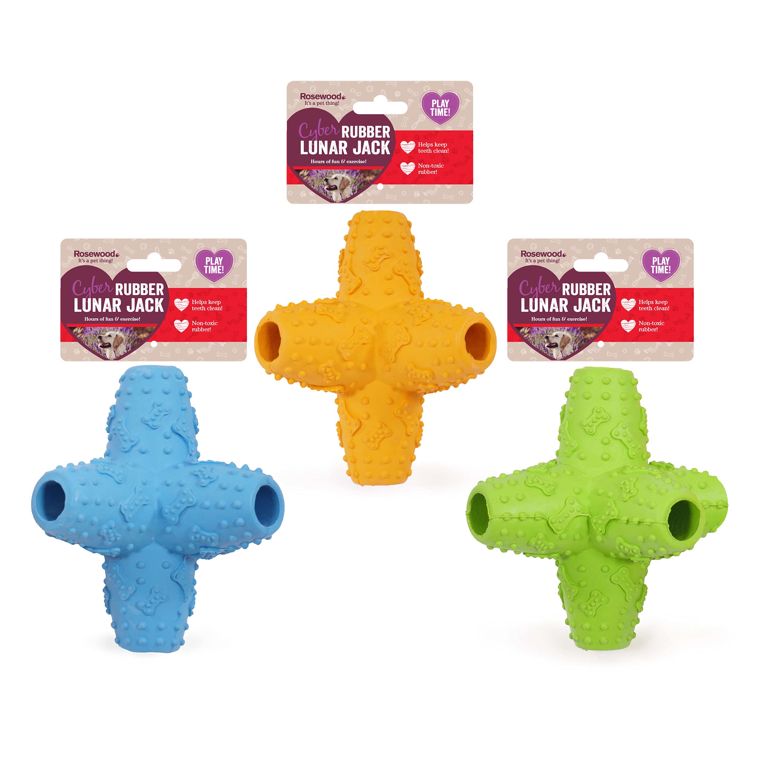 Rosewood Cyber Rubber Lunar Jack Toy for Dogs - Tough, Chew-Resistant Interactive Dog Toy for Chewing, Fetch and Play - Supports Dental Health - Assorted Colours (1pc)