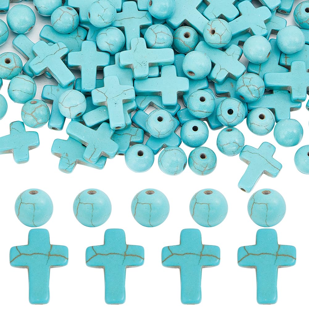 SUNNYCLUE 1 Box 160Pcs Cross Beads Mini Small Cross Bead Charms 8mm Round Blue Synthetic Turquoise Beads 12x16mm Tiny Pocket Crosses Easter Holiday Crucifix Bead for Jewellery Making Beading Supplies — image 1