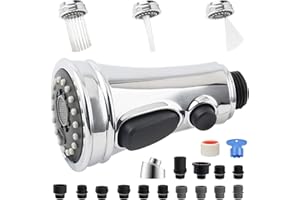 Universal Kitchen Faucet Replacement Head with 15 Adapters, Pull Down Spray Head 3 Modes Kitchen Faucet Sprayer Head Replacem