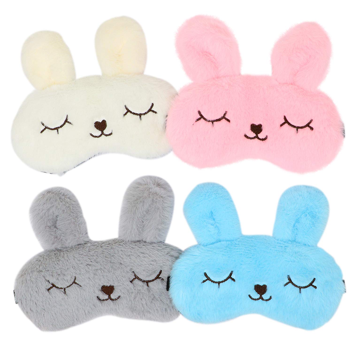 JDYW 4 Piece Sleeping Mask Fluffy Bunny Rabbit Animal Eye Mask Soft Plush Eye Shade Cover Rest Eyepatch Blindfold Travel Nap Mask for Women Girls
