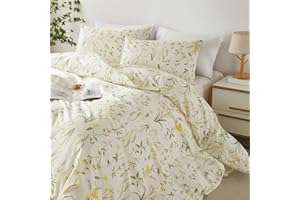 Jolusere Cotton Floral Duvet Cover Full Size 100% Cotton Duvet Cover Set for Kids Girls Spring Yellow Flower Green Leaf on White Cream Duvet Cover with 2 Pillowcases,100 Percent Cotton Comforter Cover