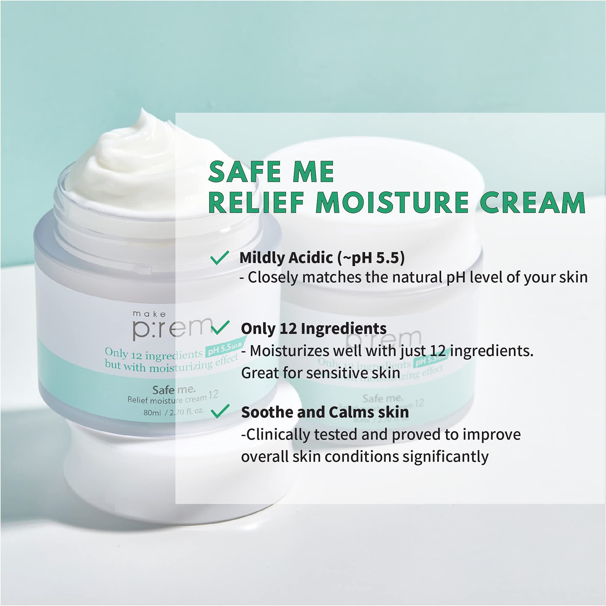 MAKEP:REM Safe Me. Relief Moisture Cream for Dry Sensitive Skin - Moisturizer Night Cream - Hydrating & Nourishing, Reduce Redness, Acne & Wrinkles with Hypoallergenic, Natural - VEGAN, EWG Verified