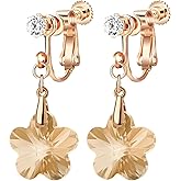 Austrian Crystal Flower Drop Clip On Earrings for Women Non Pierced 14K Rose Gold Plated Hypoallergenic Dangle Earring Jewelry