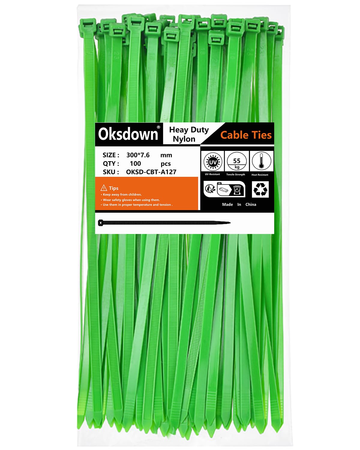 Oksdown 100 Pack Green Thick Cable Ties Heavy Duty Large 300mm×7.6mm Strong Nylon Plastic Self Locking 12 inch/30 cm Extra Long Zip Tie Wraps