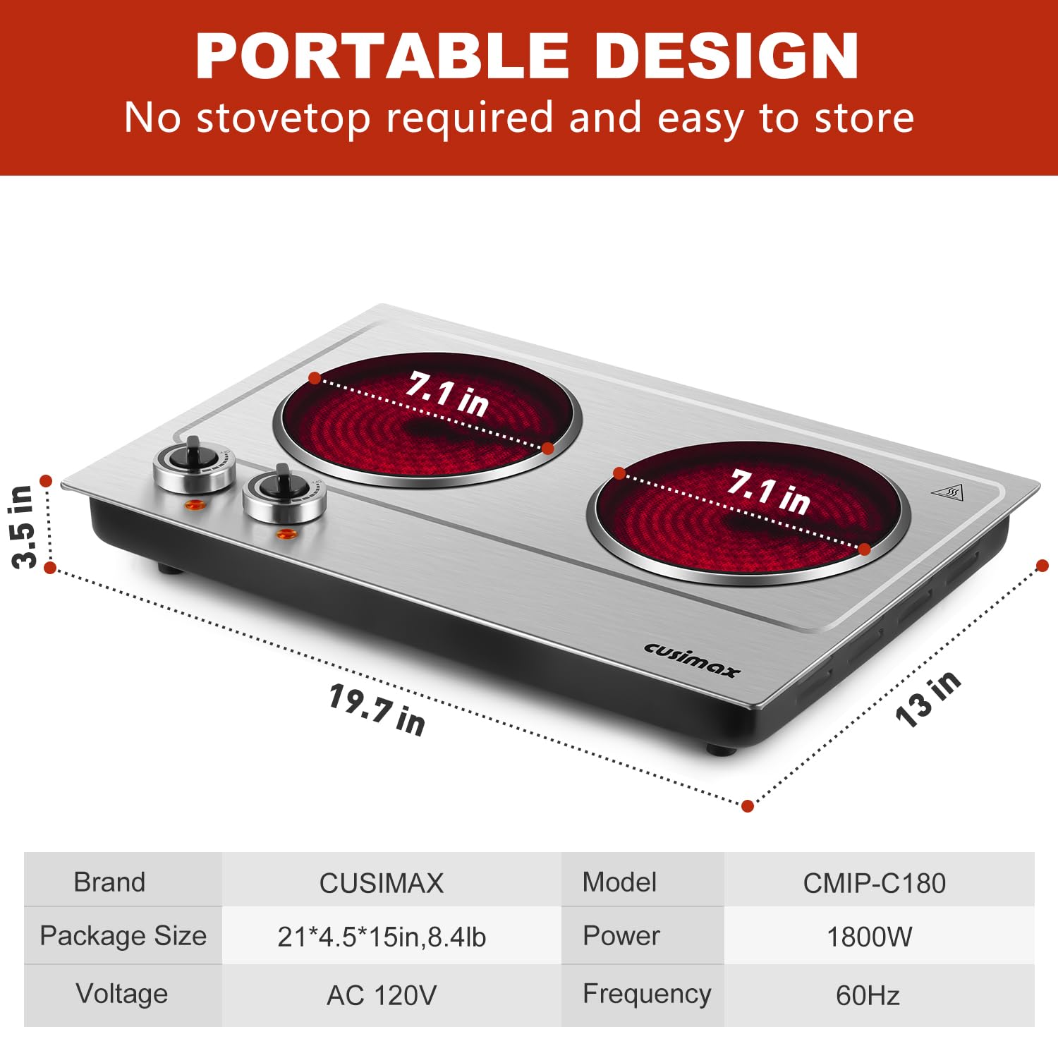Hot Plate,Cusimax Dual Infrared Burner, Electric Ceramic Glass Stove,Adjustable Temperature Control,Stainless Steel,Compatible of all Cookware,Easy Clean for Home, Dorm, Office