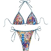 BEAUDRM Women's 2 Piece Floral Boho Bikini Set Y2K Triangle Thong Bikini Halter String Bathing Suit High Cut Cheeky Swimsuit