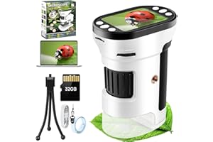 HQGZQL 1000X Digital Microscope for Kids, 4K 2.0" Screen Rechargeable Kids Portable Microscopes with 6 Slides Kit, 32GB TF Card, Mini Tripod, Ideal Edu Gift for Kids Age 3-12