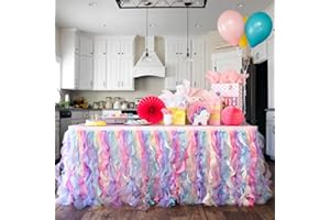 BLUEKATE Tutu Table Skirt - Tulle Table Skirt Decoration - Mesh Fluffy Tulle Tablecloth for Birthday Party, Baby Shower, Gender Reveal, Wedding Shower, Valentine’s Day, Prom (Rainbow, 6ft)