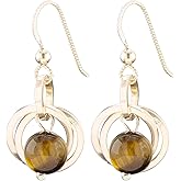 Short Dark Brown Real Tigers-Eye Gemstone Dangle Earrings with 14K Yellow Gold-Filled Circles Classic Jewelry Jewelry Gift for Her
