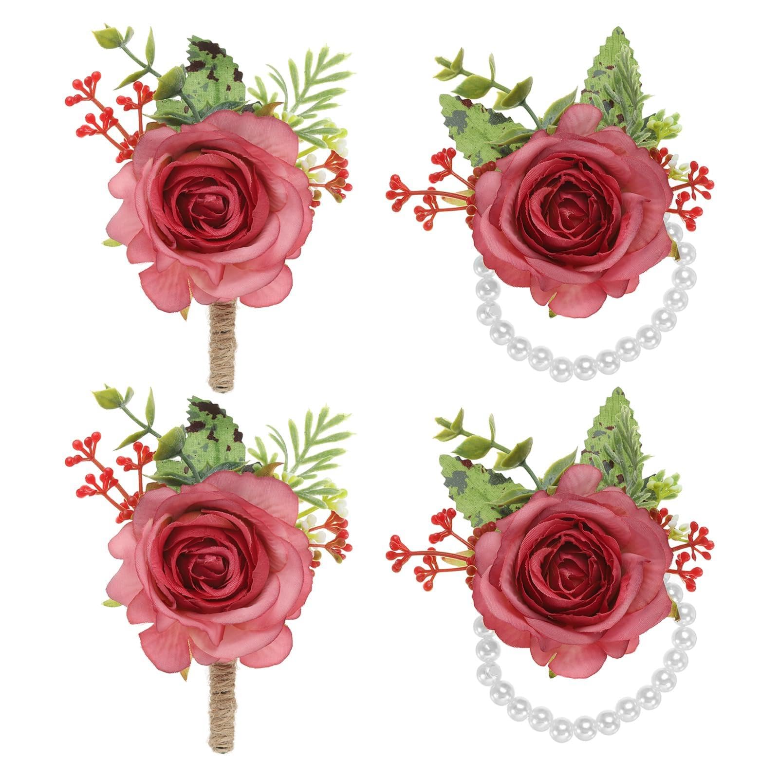 PATIKIL Rose Wrist Corsage and Boutonnieres Set, 4 Pcs Wedding Flower Wristlet Band Bracelet Hand Flowers Tether Accessories for Men Women Bachelor Party Prom Homecoming, Rose Red