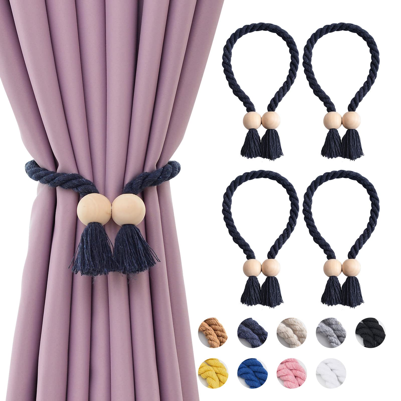 Pretty Jolly 4 Pack Wooden Ball Magnetic Curtain Tiebacks Boho Home Decor Drape Tie Backs Natural Cotton Hand Woven Rope Curtain Holdbacks for Thin & Thick Home & Office Window Draperies (Dark Blue)