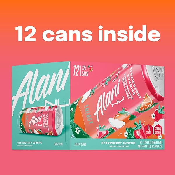 ALANI NU STRAWBERRY SUNRISE SUGAR FREE, LOW CALORIE ENERGY DRINKS, 200MG CAFFEINE, BIOTIN B VITAMINS, ZERO SUGAR, 10 CALORIES, 12 FL OZ CANS, 12 PACK