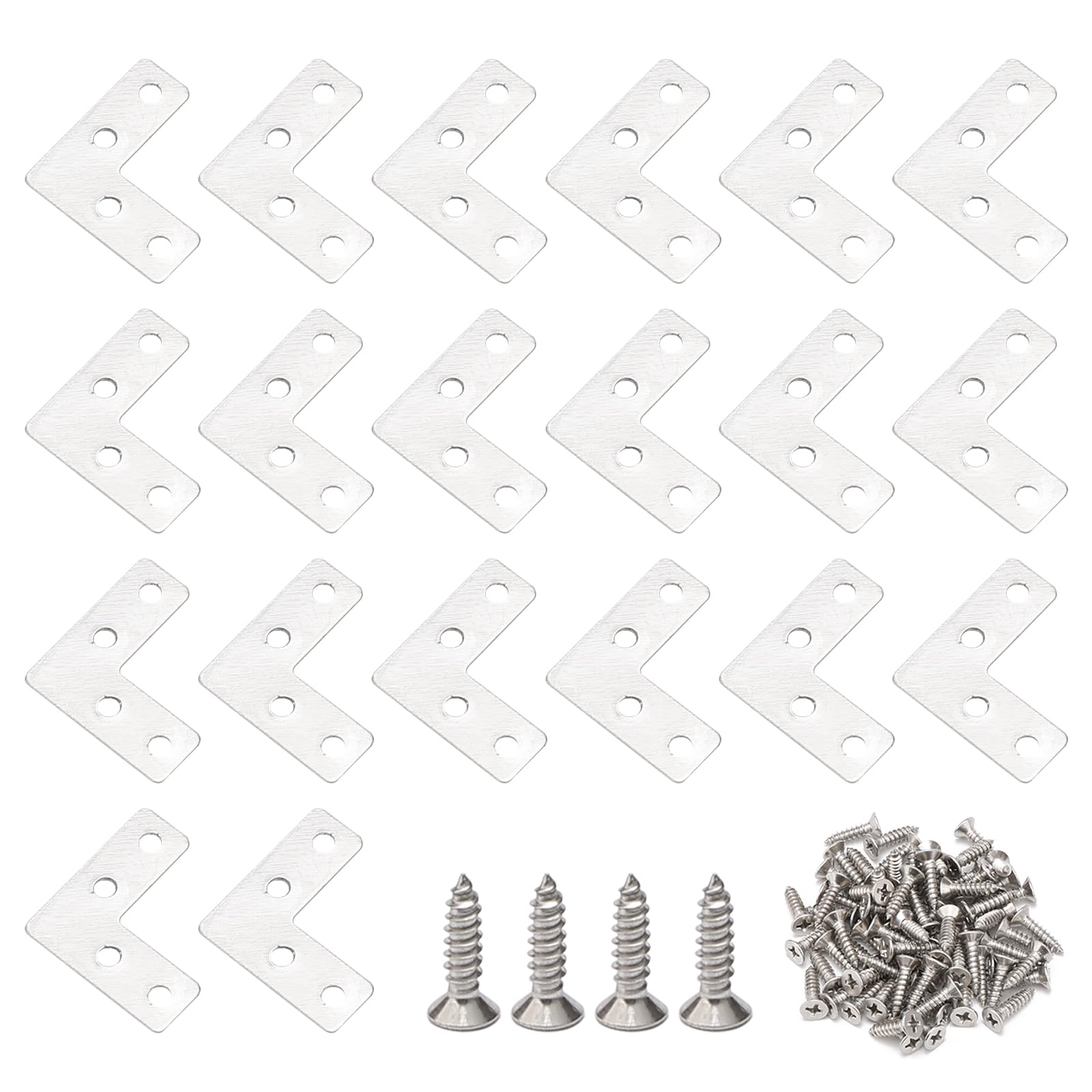 Unxuey Flat L Shaped Brackets, 20Pcs 40mm x 40mm/ 1.57 x 1.57inch Stainless Steel Corner Braces, L Shaped Repair Plate for Furniture Repair, Joint Fixing and Protection