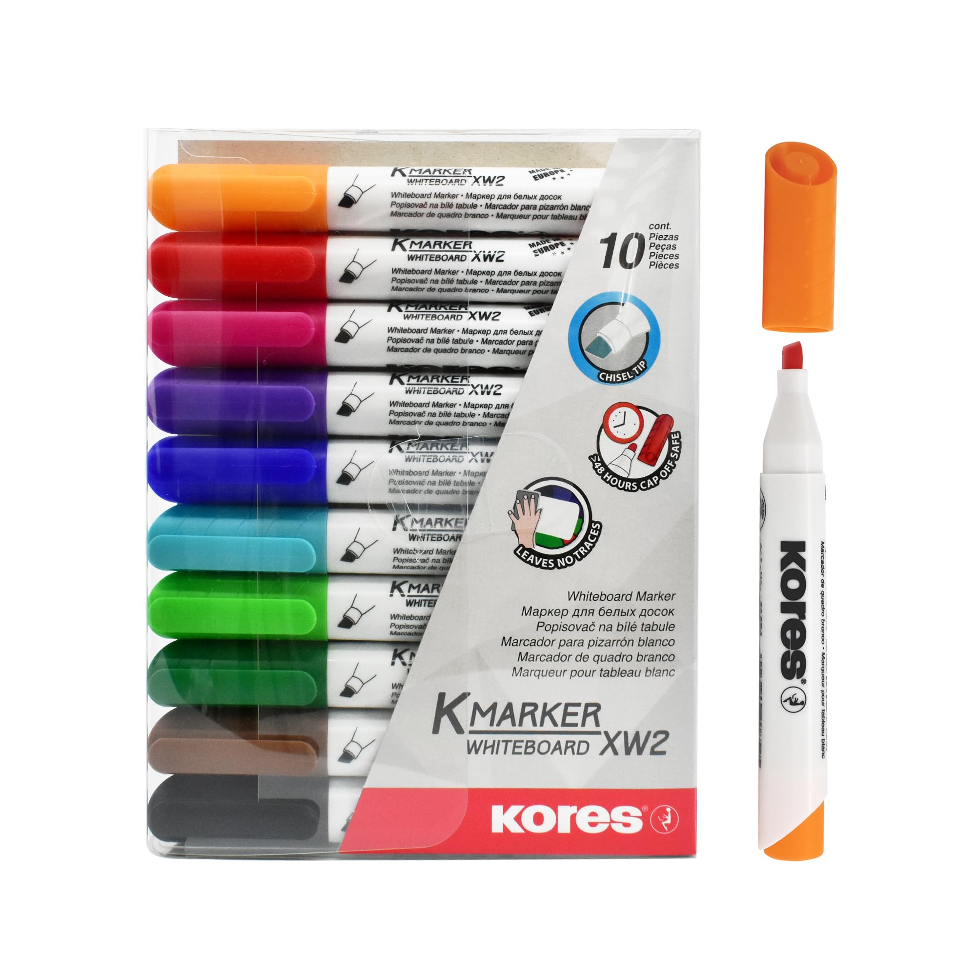 Kores - Coloured Whiteboard Marker Pens - K-Marker XW2, Chisel Tip with Low-Odour Ink - Dry Wipe Marker Pens - Back to School Supplies, Office Supplies - Pack of 10 Assorted Colours