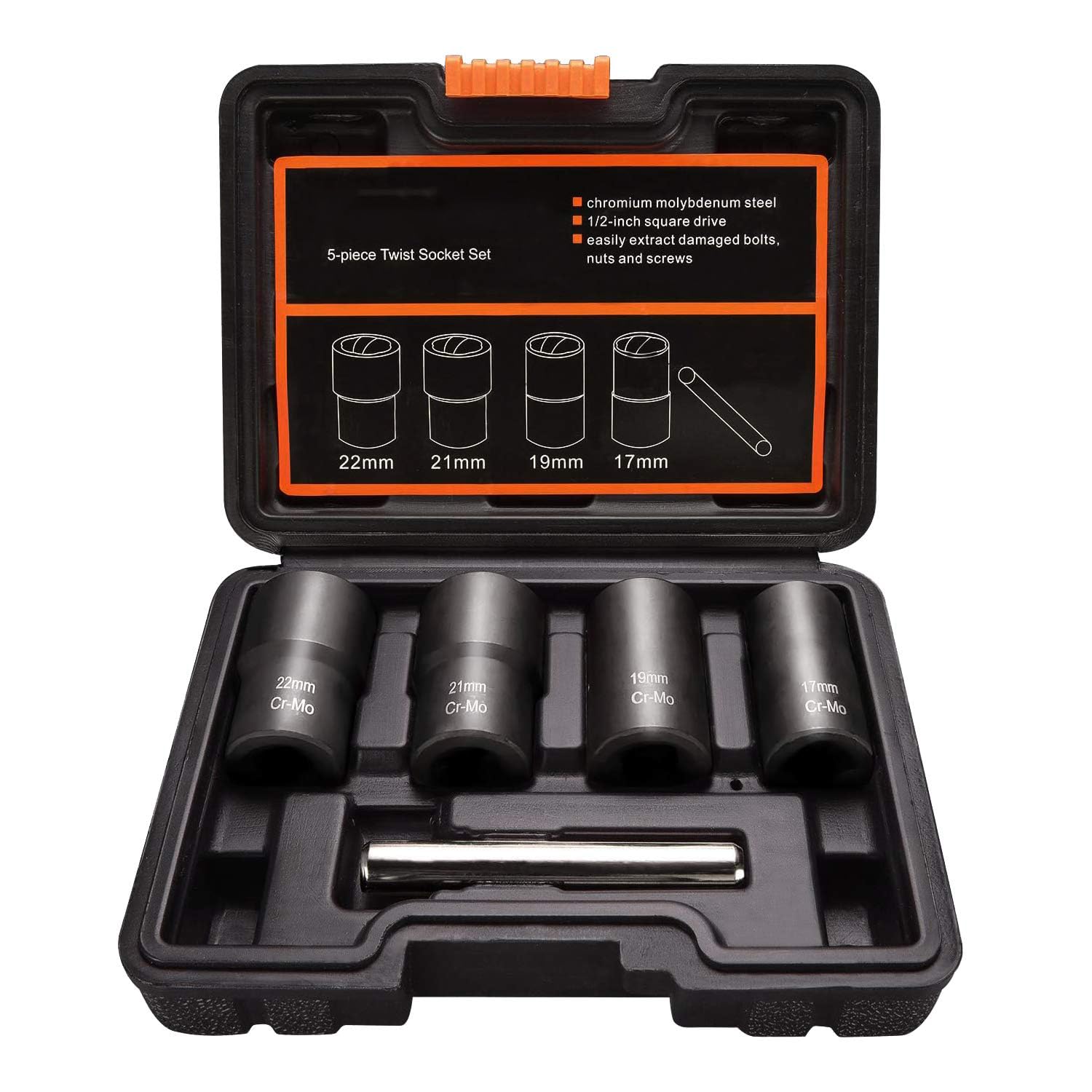 TA-VIGOR 5Pcs Lug Nut Socket Set, Stripped Wheel Nut Removal Tool, Twist Socket Set Lug Nut Extractor Socket Tool for Removing Damaged, Rusted, Rounded-Off Bolts, Nuts, 12-22mm