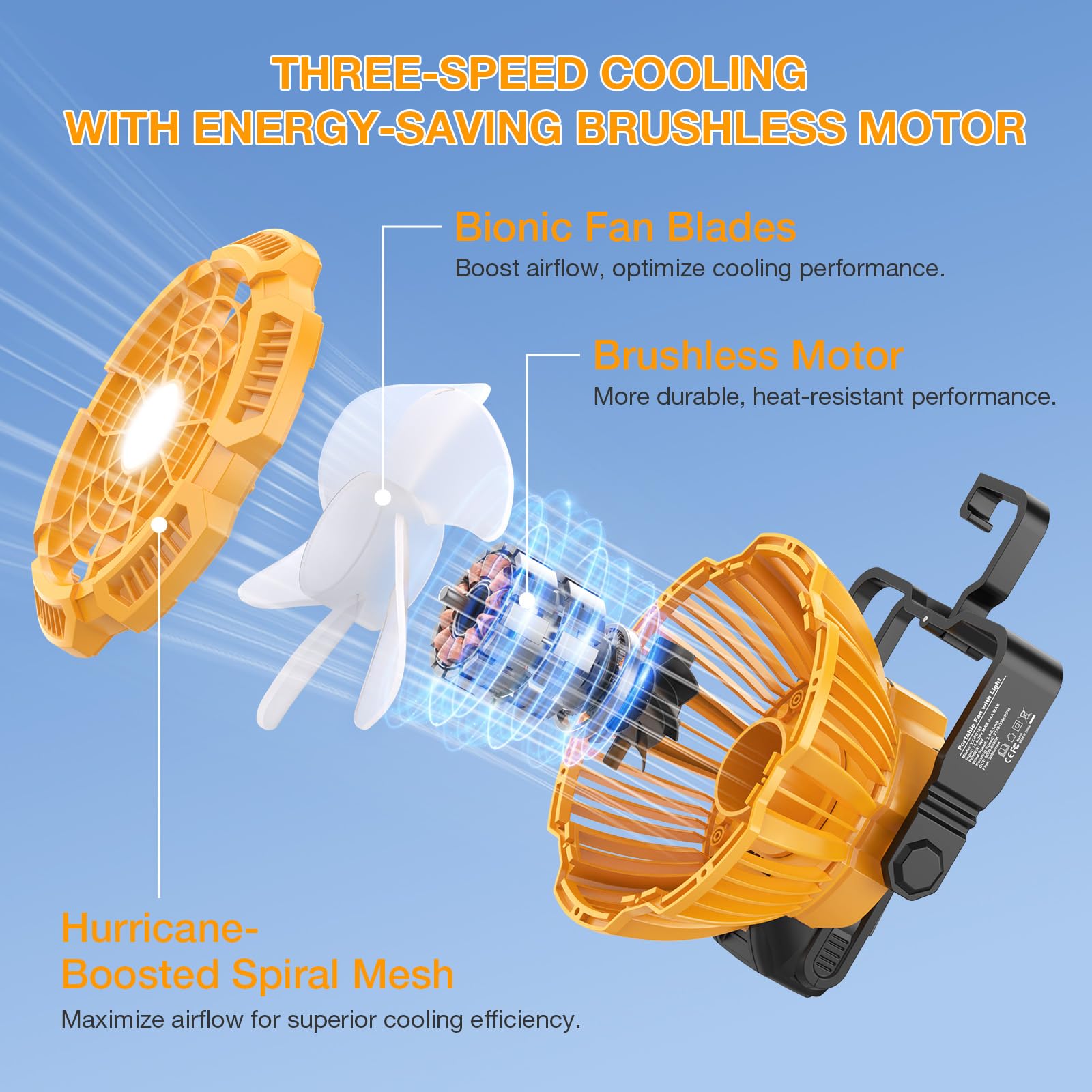 Portable Fan for Dewalt 20V Max Li-ion Battery, Brushless Fan with 3-Speed Settings, LED Light, 3300 RPM, 180° Rotating Hanging Hook, Cordless fans for Jobsite, Camping fan for Tents(No Battery)