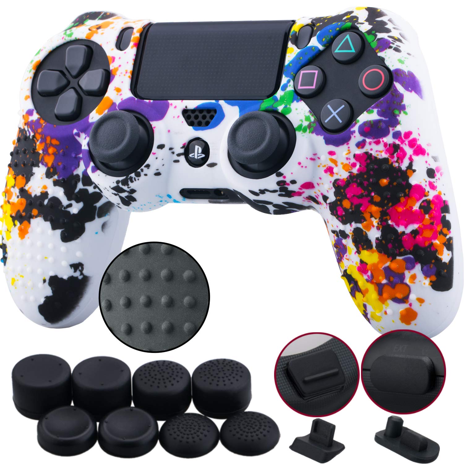 Photo 1 of 9CDeer 1 Piece of Silicone Studded Water Transfer Protective Sleeve Case Cover Skin + 8 Thumb Grips Analog Caps + 2 dust Proof Plugs for PS4/Slim/Pro Controller, Splashing Graffiti