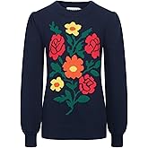 OXKNIT Women's Knit Long Sleeves Sweaters, Retro Florals Pattern Dark Blue Crewneck Bubble Sleeves Pullover Top