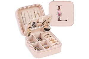 FUNARTY Travel Jewelry Box for Girls, Jewelry Organizer with Mirror Jewelry Case for Rings Necklaces Earrings, Travel Essentials Gifts for Women Mom Initial L