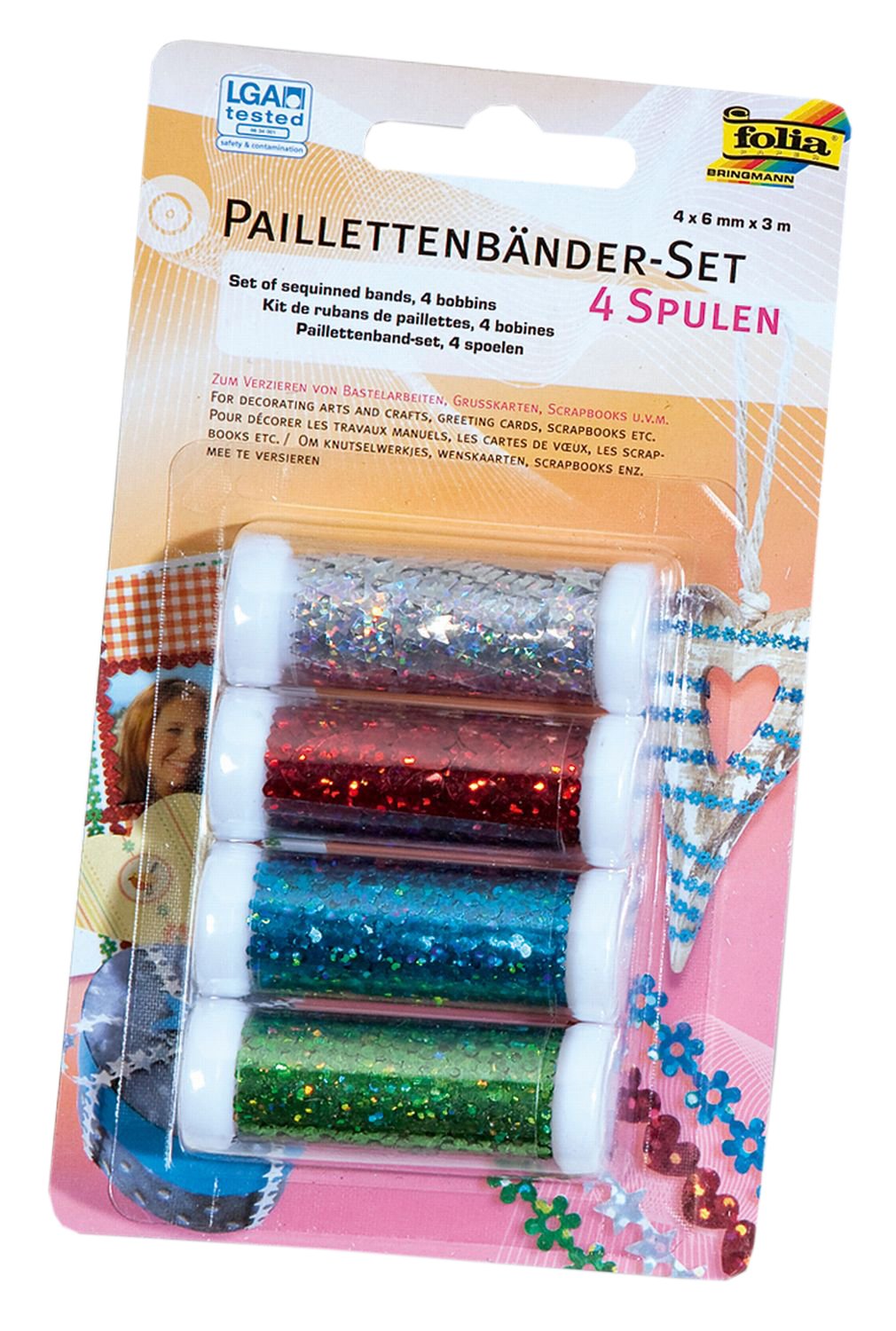 folia 13703 Sequin Ribbon Set, 4 Spools in 4 Different Colours, Each 6 mm x 3 m