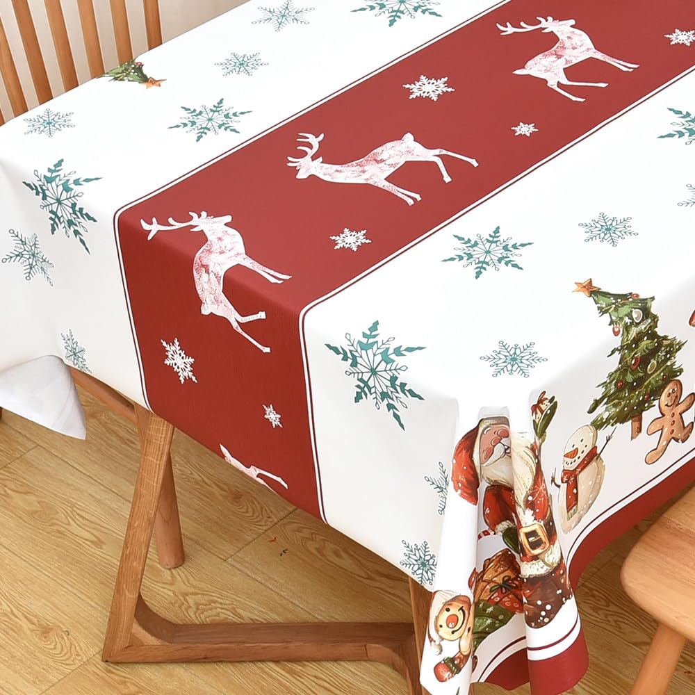 Yofori Christmas Table Cloth Wipe Clean PVC Xmas Tablecloth Rectangle Red Plastic Table Cover Waterproof Wipeable Vinyl Oilcloth Reindeer for Spring festival New Year Dining Party (Deers, 137x180cm)